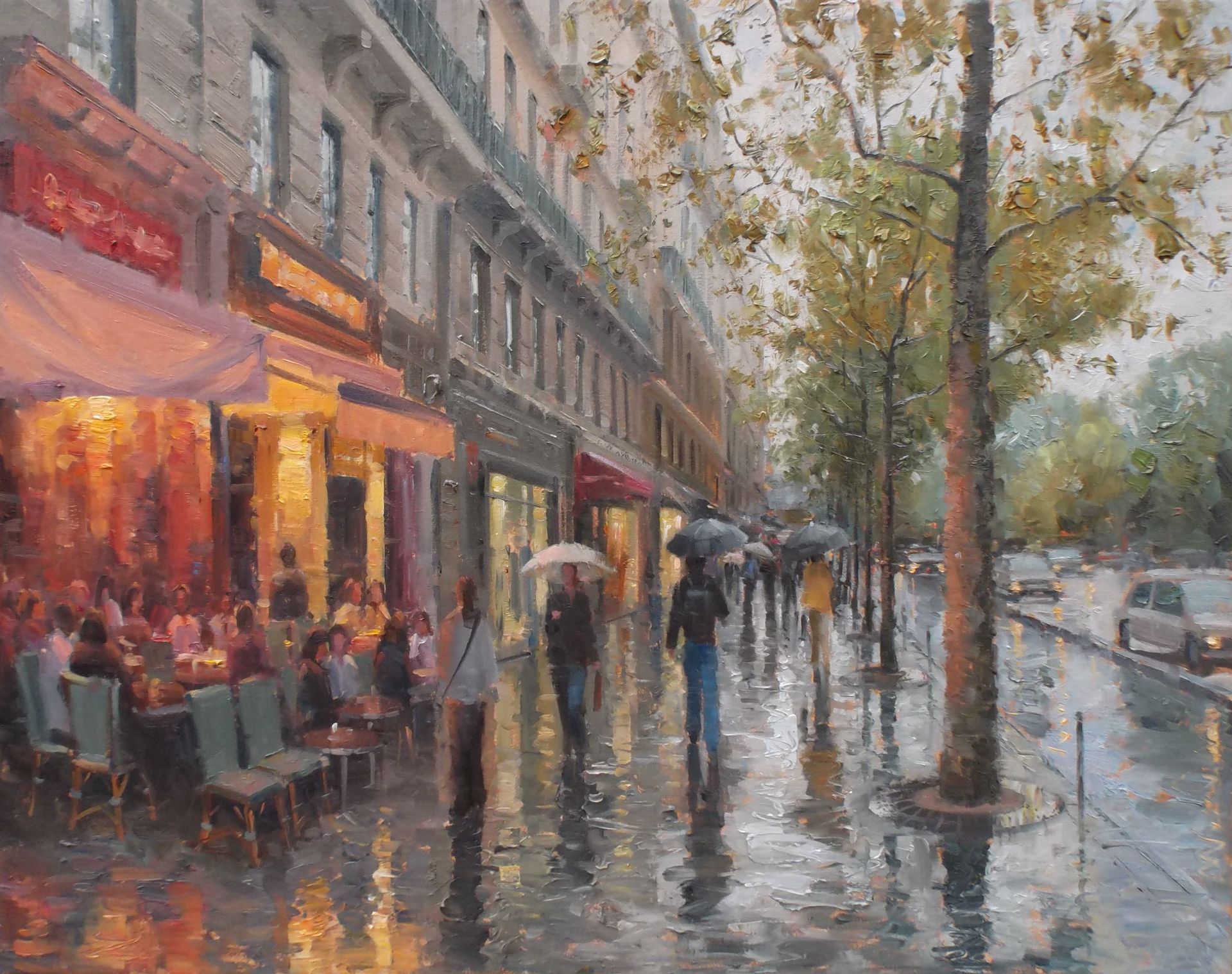 A painting of people walking down a city street in the rain.